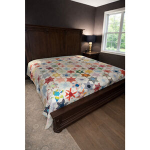 Vintage Hand Pieced Grandmother’s Flower Garden Star Quilt 100x111 King Feedsack